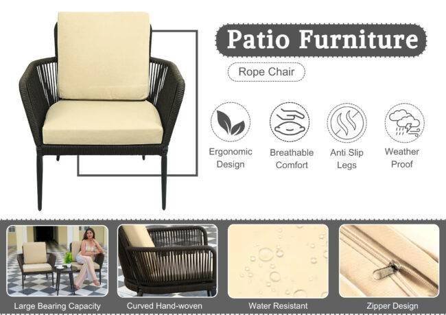3 Piece Rope Patio Bistro Outdoor Conversation Set (Dark Brown & Cream) - Image 3