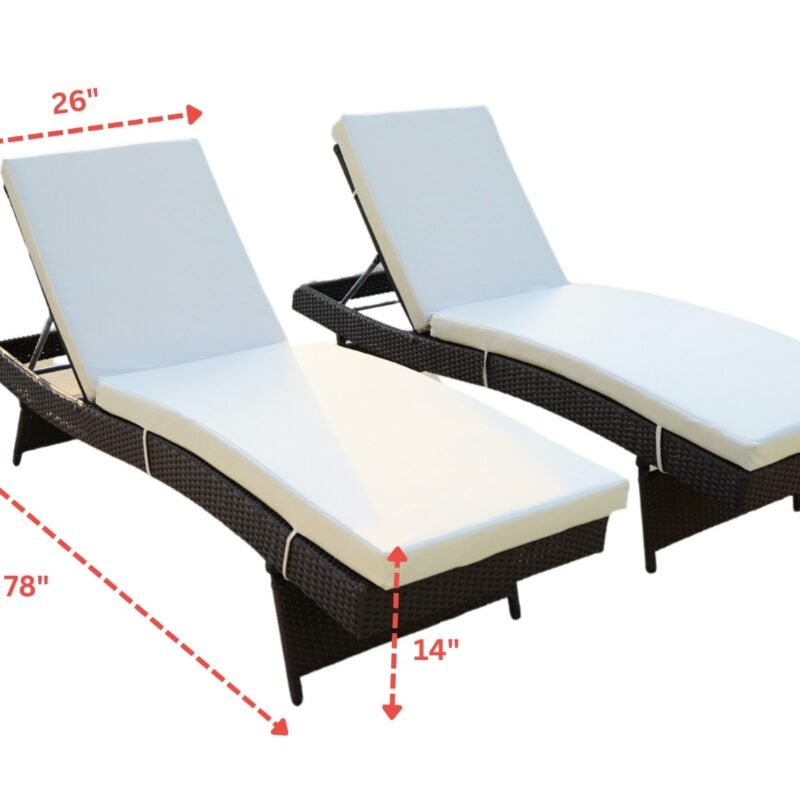 Set of 2 Outdoor Patio Recliner Lounger Chair with All Weather Cushions (Dark Brown & Off-white) - Image 2