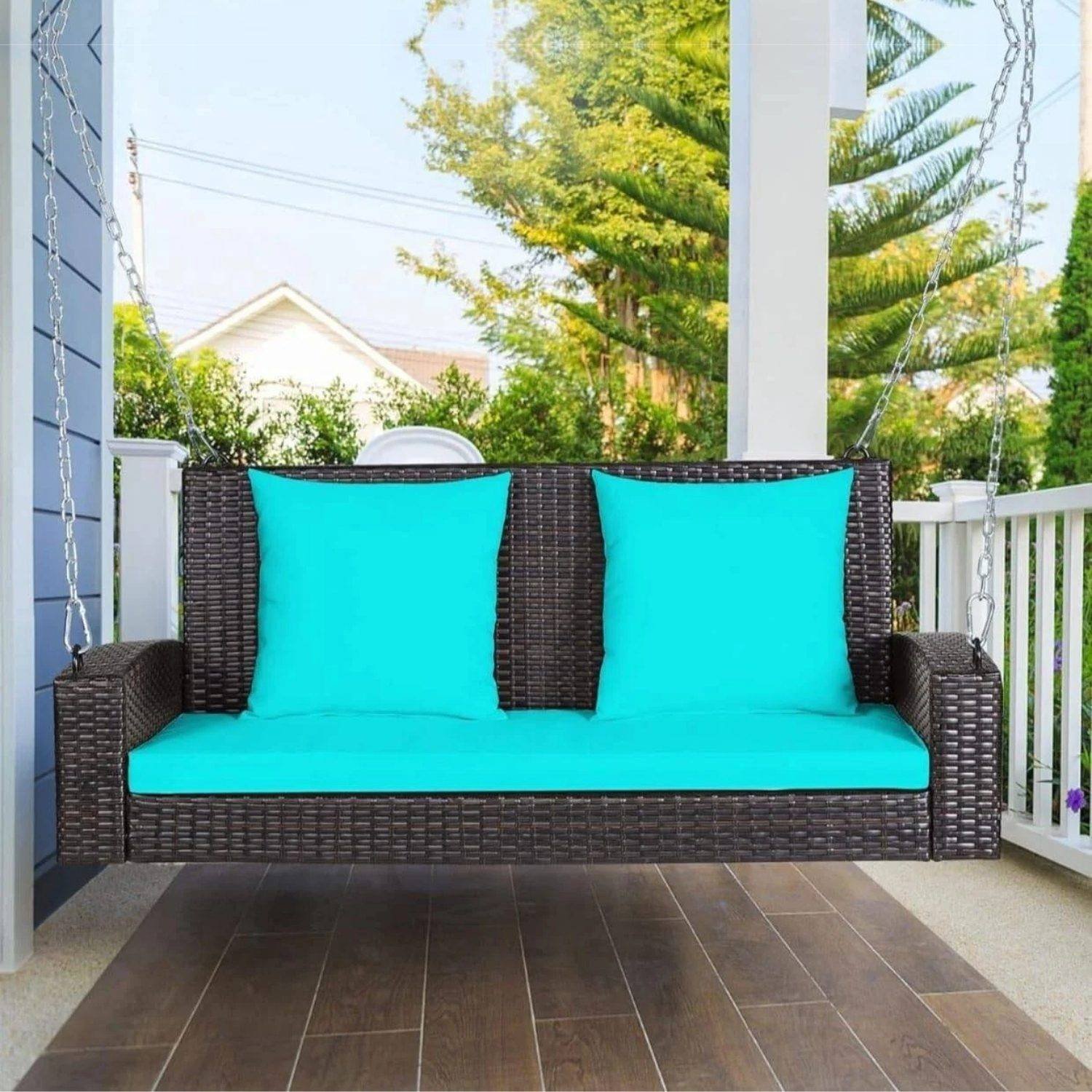 All Weather Outdoor Wicker Hanging 2-Person Swing Chair with Cushions (Dark Brown & Turquoise Blue)