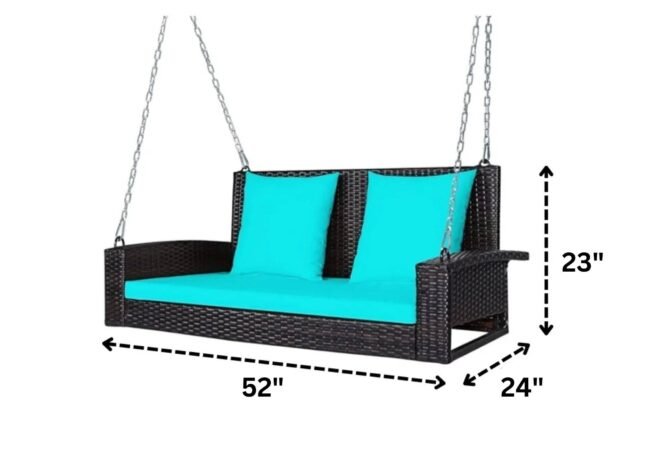 All Weather Outdoor Wicker Hanging 2-Person Swing Chair with Cushions (Dark Brown & Turquoise Blue) - Image 2