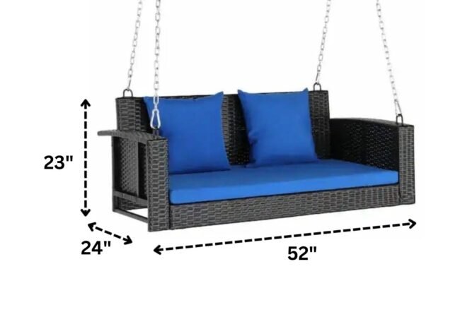 All Weather Outdoor Wicker Hanging 2-Person Swing Chair with Cushions (Dark Brown & Blue) - Image 2