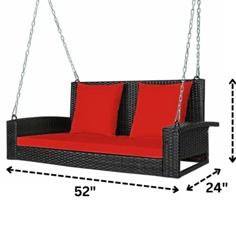All Weather Outdoor Wicker Hanging 2-Person Swing Chair with Cushions (Dark Brown & Red) - Image 2