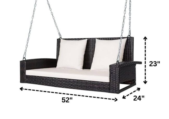 All Weather Outdoor Wicker Hanging 2-Person Swing Chair with Cushions (Dark Brown & White) - Image 2