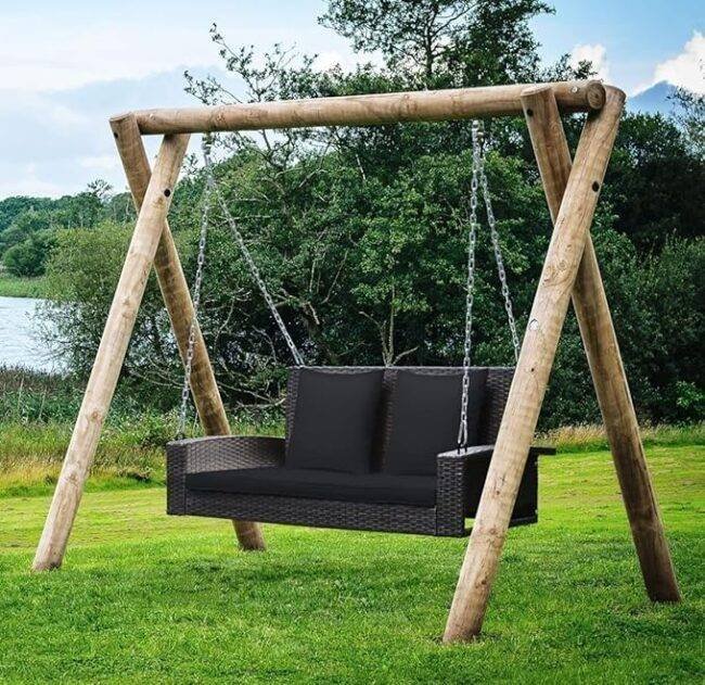 All Weather Outdoor Wicker Hanging 2-Person Swing Chair with Cushions (Dark Brown & Black) - Image 6