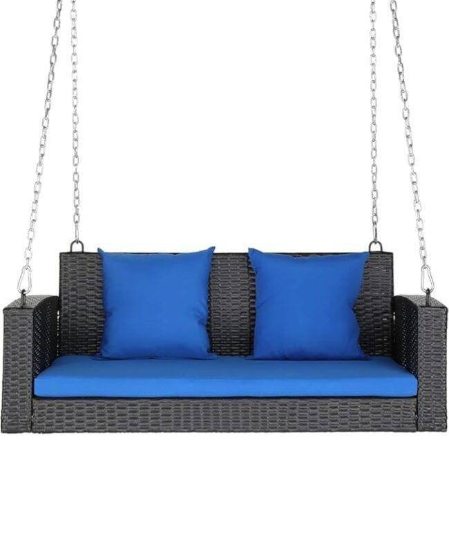 All Weather Outdoor Wicker Hanging 2-Person Swing Chair with Cushions (Dark Brown & Blue) - Image 6