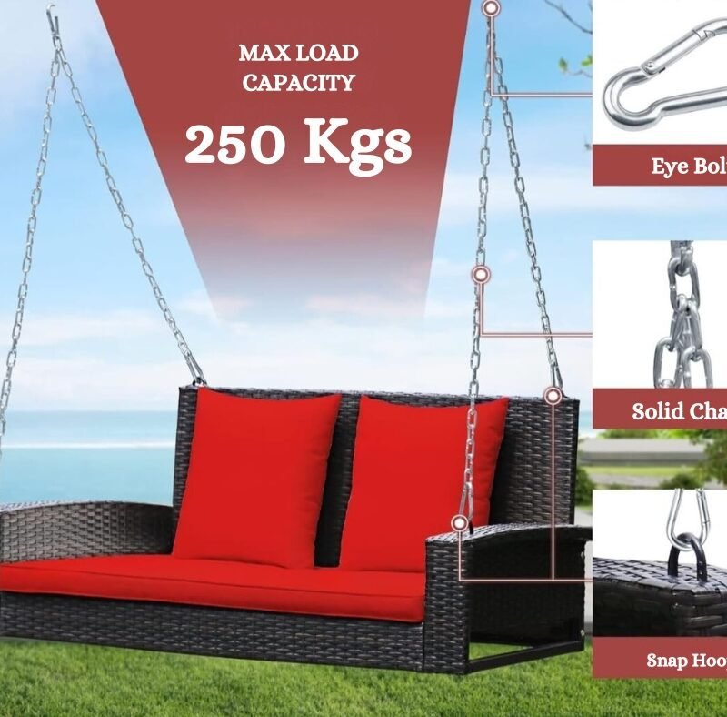 All Weather Outdoor Wicker Hanging 2-Person Swing Chair with Cushions (Dark Brown & Red) - Image 6