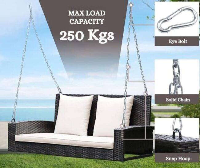 All Weather Outdoor Wicker Hanging 2-Person Swing Chair with Cushions (Dark Brown & White) - Image 6