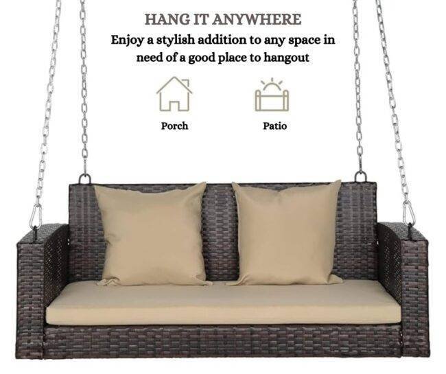 All Weather Outdoor Wicker Hanging 2-Person Swing Chair with Cushions (Dark Brown & Beige) - Image 6