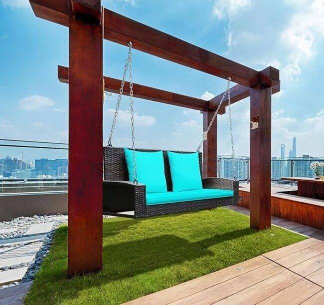 All Weather Outdoor Wicker Hanging 2-Person Swing Chair with Cushions (Dark Brown & Turquoise Blue) - Image 6