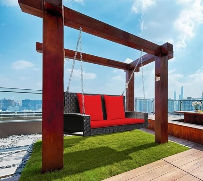 All Weather Outdoor Wicker Hanging 2-Person Swing Chair with Cushions (Dark Brown & Red) - Image 7