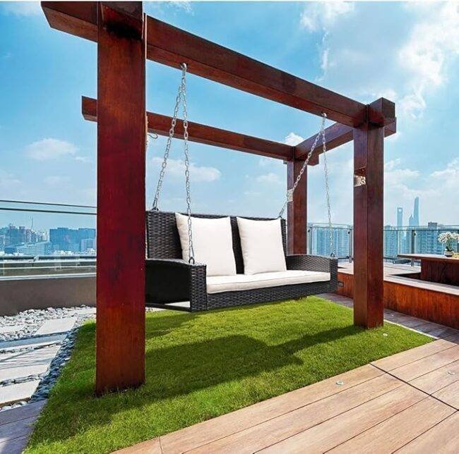 All Weather Outdoor Wicker Hanging 2-Person Swing Chair with Cushions (Dark Brown & White) - Image 7