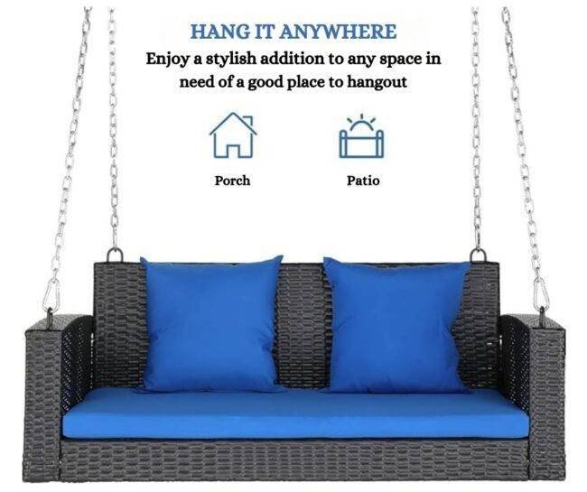 All Weather Outdoor Wicker Hanging 2-Person Swing Chair with Cushions (Dark Brown & Blue) - Image 7