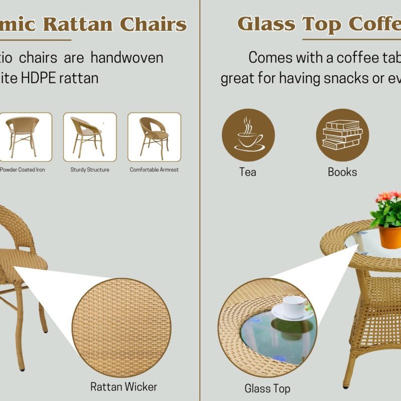 Outdoor All Weather Rattan Wicker 3-Piece Patio Bistro Set (Beige) - Image 4