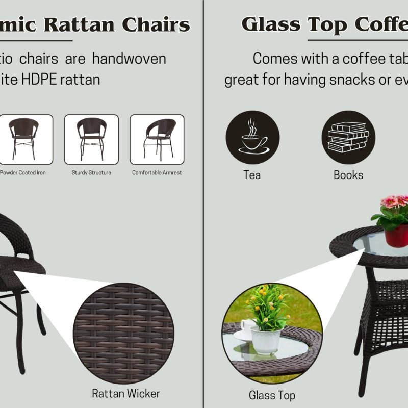 Outdoor All Weather Rattan Wicker 3-Piece Patio Bistro Set (Dark Brown) - Image 4