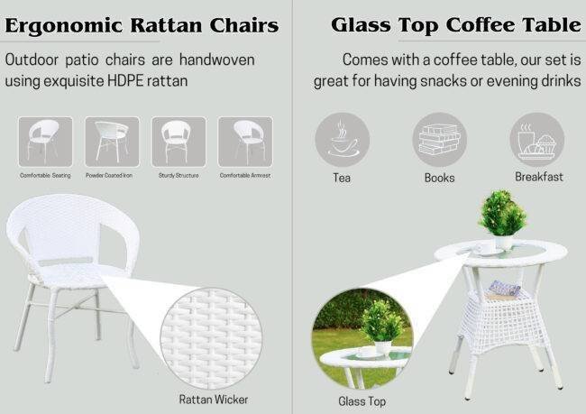 Outdoor All Weather Rattan Wicker 3-Piece Patio Bistro Set (White) - Image 4