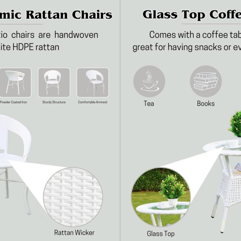 Outdoor All Weather Rattan Wicker 3-Piece Patio Bistro Set (White) - Image 4