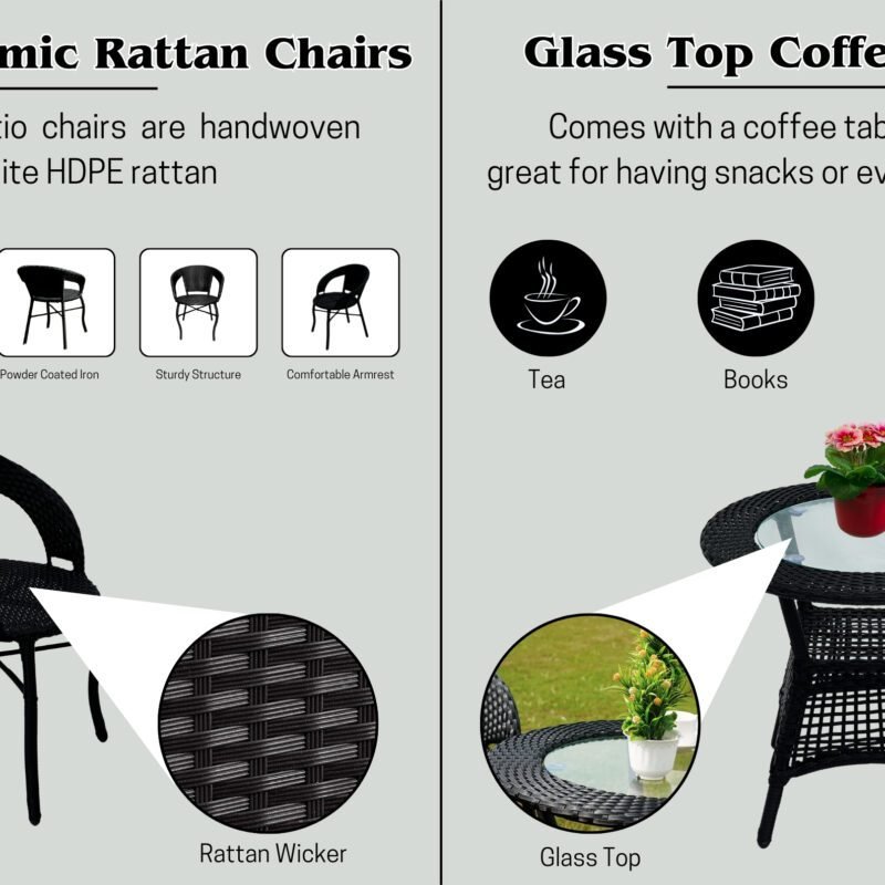 Outdoor All Weather Rattan Wicker 3-Piece Patio Bistro Set (Black) - Image 4