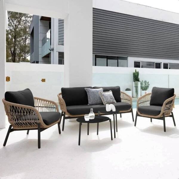 Outdoor Garden 4 Seater Rope Sofa (Beige & Black)