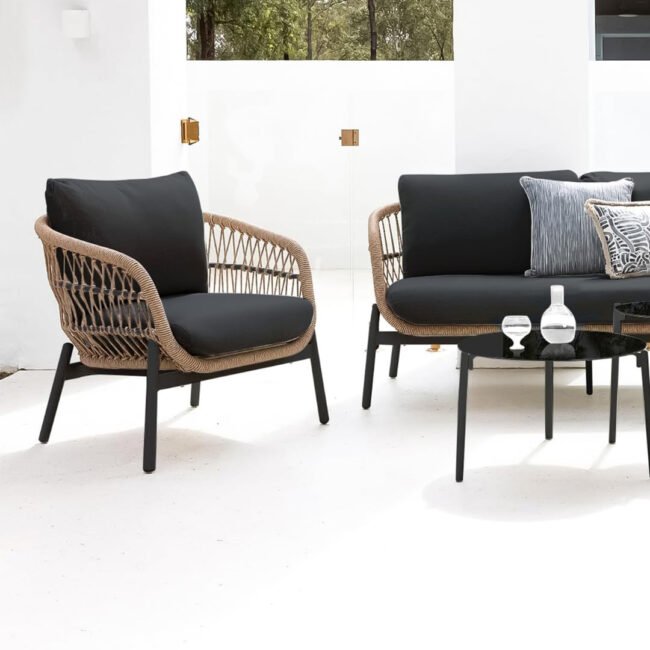 Outdoor Garden 4 Seater Rope Sofa (Beige & Black) - Image 6