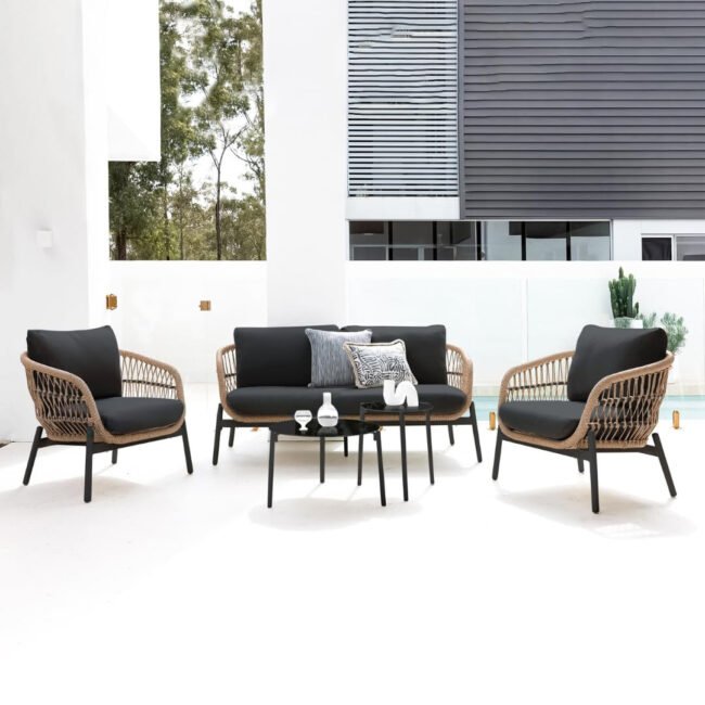 Outdoor Garden 4 Seater Rope Sofa (Beige & Black) - Image 4