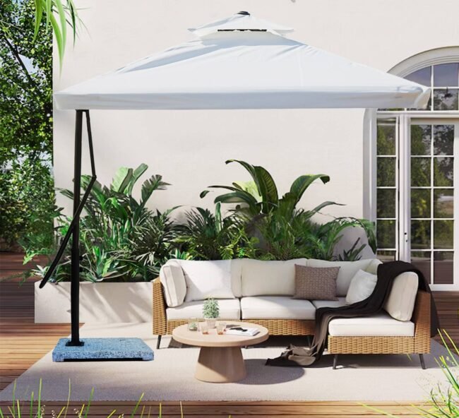 10ft Side Pole Square Shape Outdoor Umbrella With Marble Base (Off-White) - Image 4
