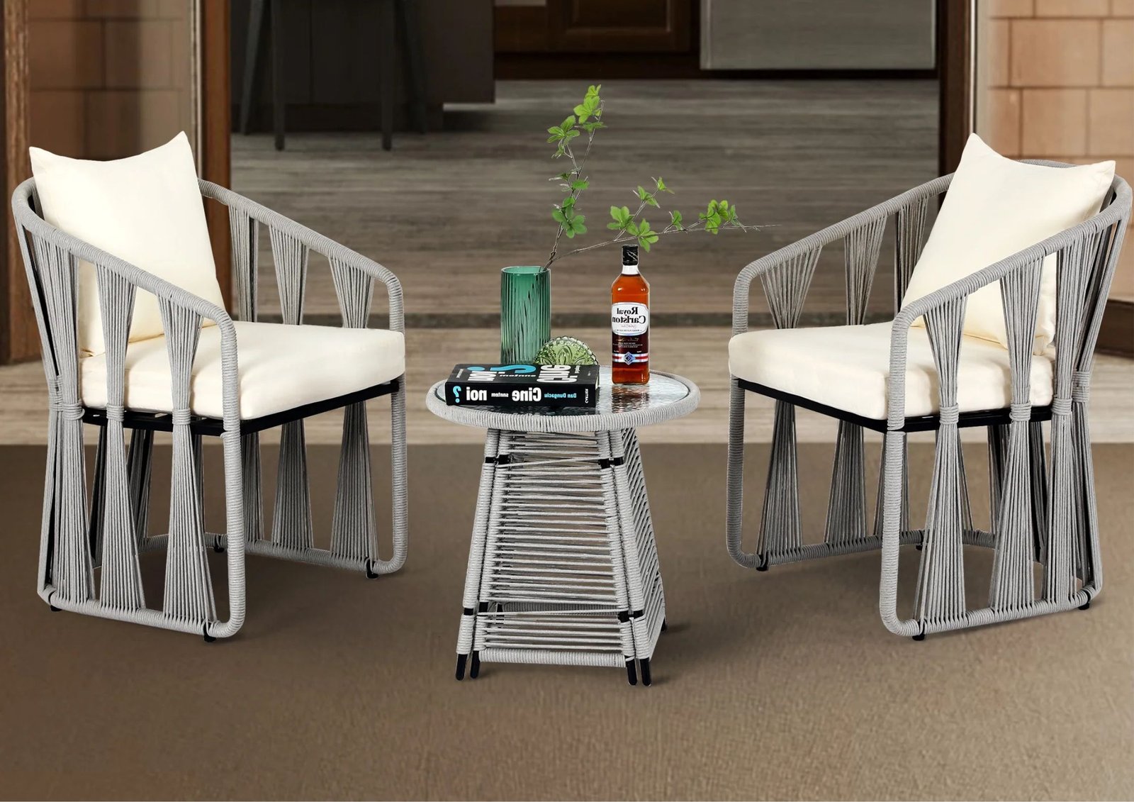 3-Piece Outdoor Rope Patio Set (Grey & Cream)