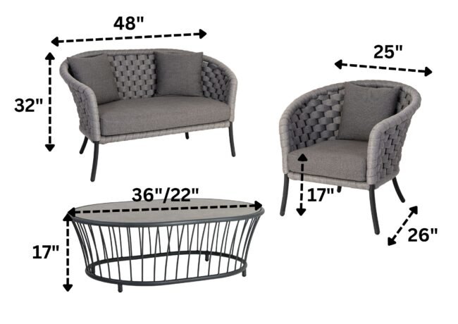 Outdoor Grey Rope 4 Piece Patio Sofa Set with Dark Grey Cushions - Image 2