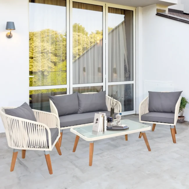 Outdoor Rope 4-Piece Sofa Set (White & Grey) - Image 8