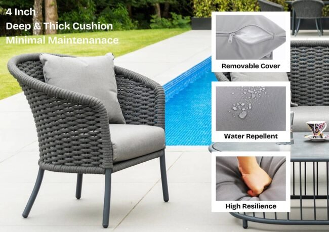 Outdoor Grey Rope 4 Piece Patio Sofa Set with Light Grey Cushions - Image 4