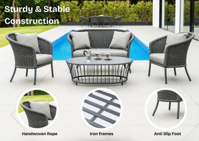 Outdoor Grey Rope 4 Piece Patio Sofa Set with Light Grey Cushions - Image 3