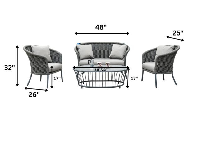 Outdoor Grey Rope 4 Piece Patio Sofa Set with Light Grey Cushions - Image 2