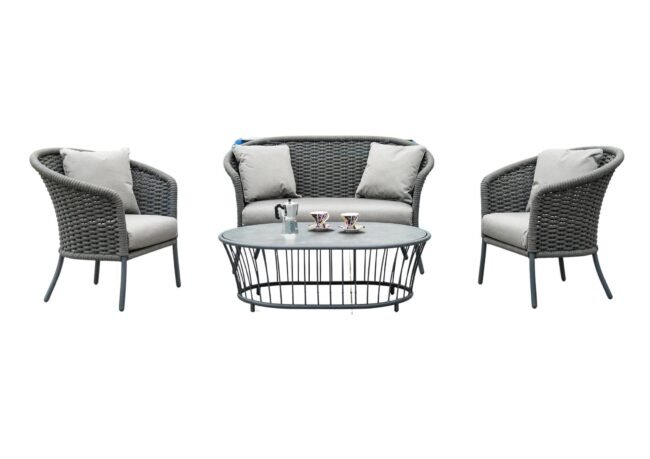 Outdoor Grey Rope 4 Piece Patio Sofa Set with Light Grey Cushions - Image 5