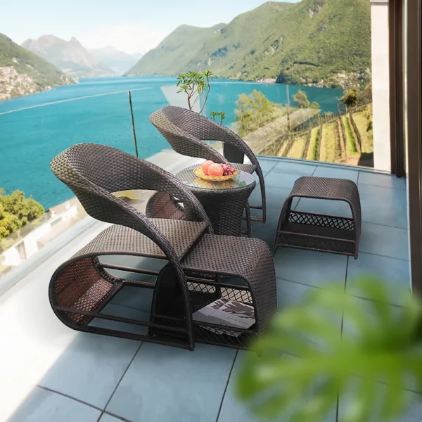 5-Piece Outdoor Wicker Patio Furniture Set with Ottomans & Table (Dark Brown)