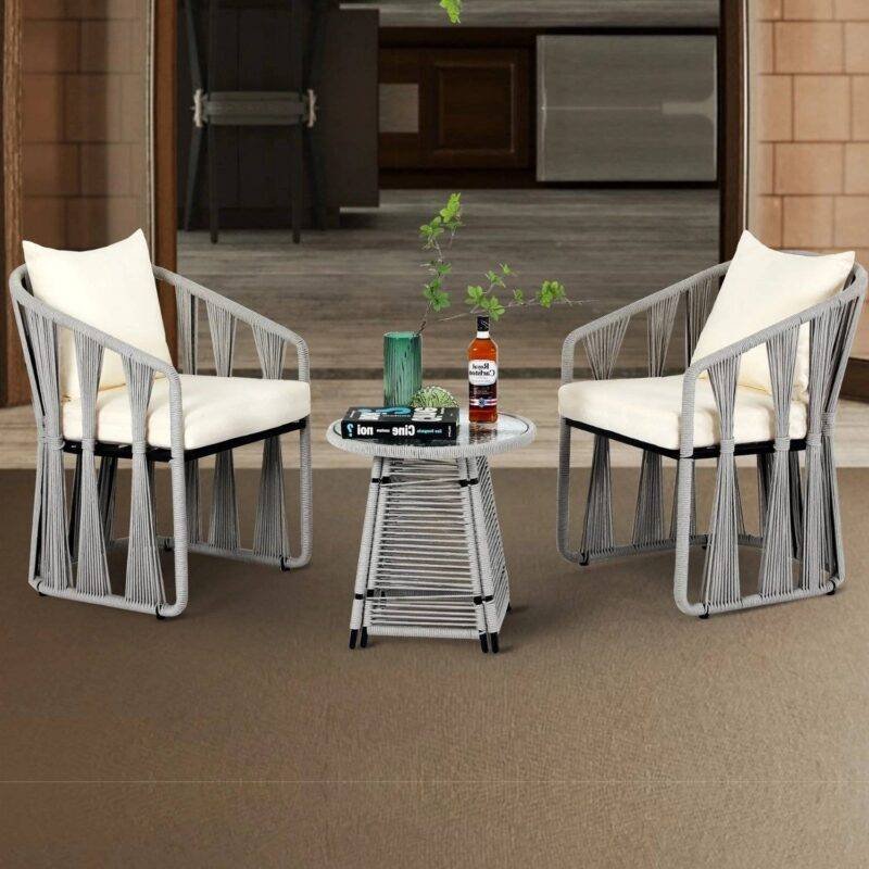 3-Piece Outdoor Rope Patio Set (Grey & Cream)