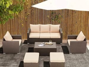 DEVOKO 6-Piece Patio Dining Set with Ottomans: Dark Brown/Cream
