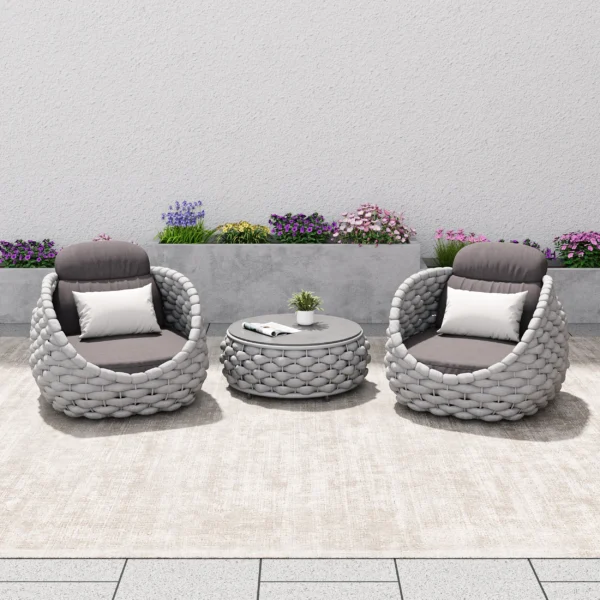 3-Piece Bird's Nest Shape Outdoor Rope Patio Set (Silver Grey & Dark Grey)