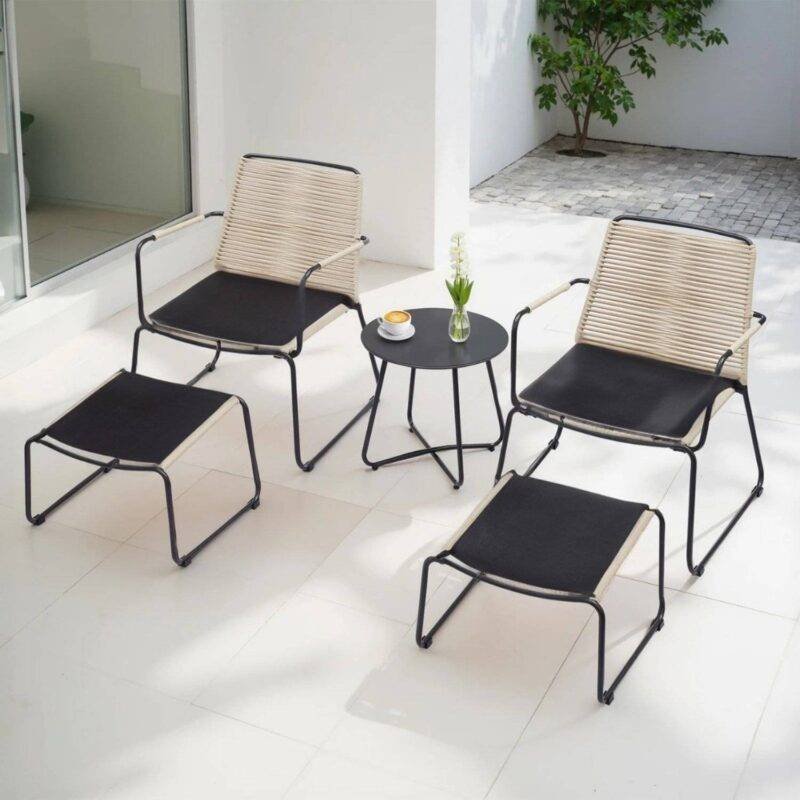 5 Piece Outdoor Patio Set with Ottoman & Side Table (Beige & Black)