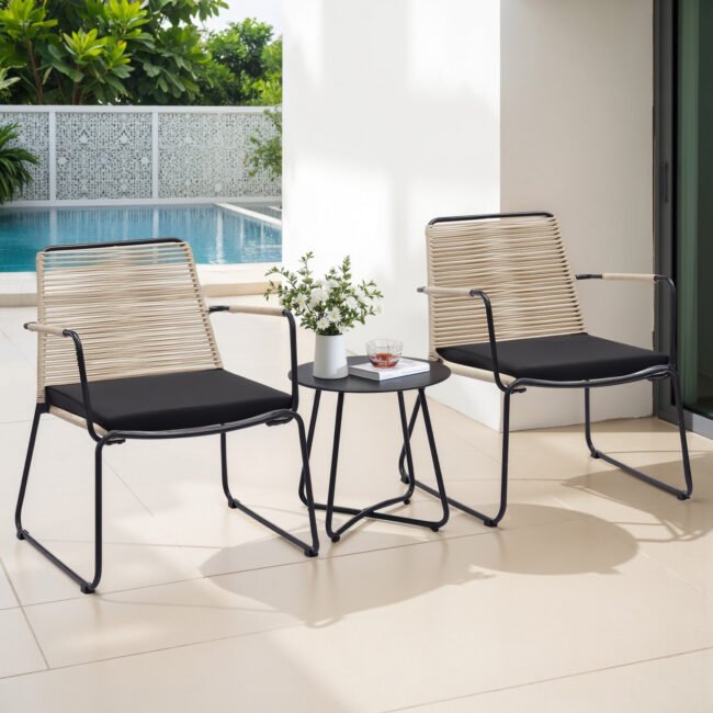 5 Piece Outdoor Patio Set with Ottoman & Side Table (Beige & Black) - Image 4