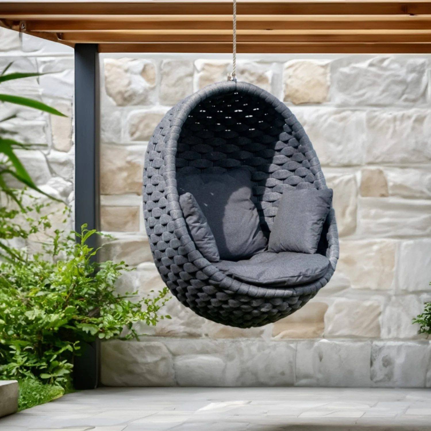 Grey Rope Hanging Egg Swing Chair with Dark Grey Cushions