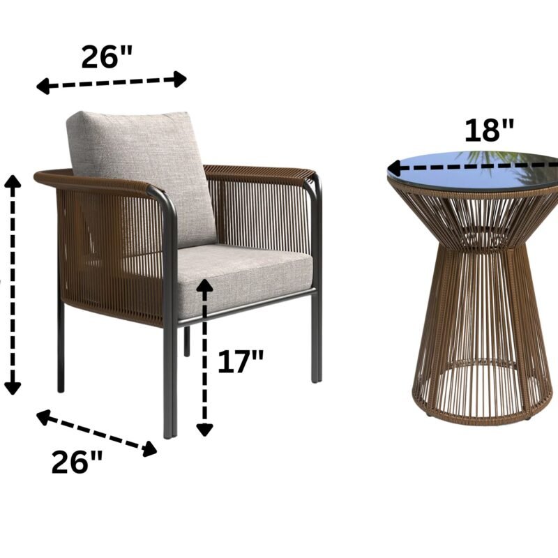 Outdoor Brown Rope 3-Piece Patio Set With Grey Cushions - Image 2