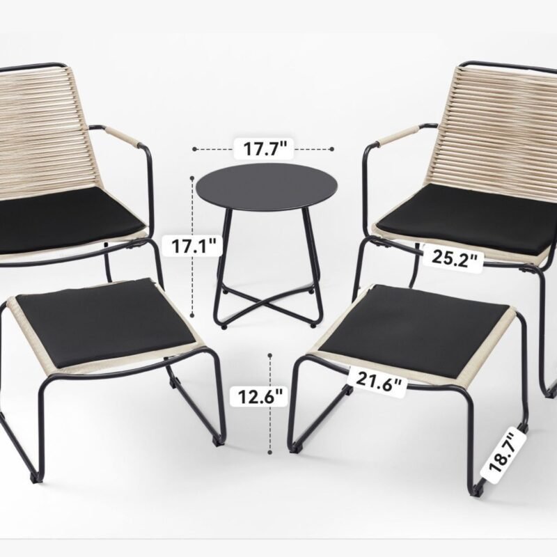 5 Piece Outdoor Patio Set with Ottoman & Side Table (Beige & Black) - Image 2