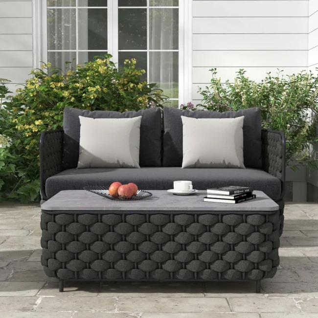 4 Piece Outdoor Rope Sofa Set with HPL Top Coffee Table (Black) - Image 4