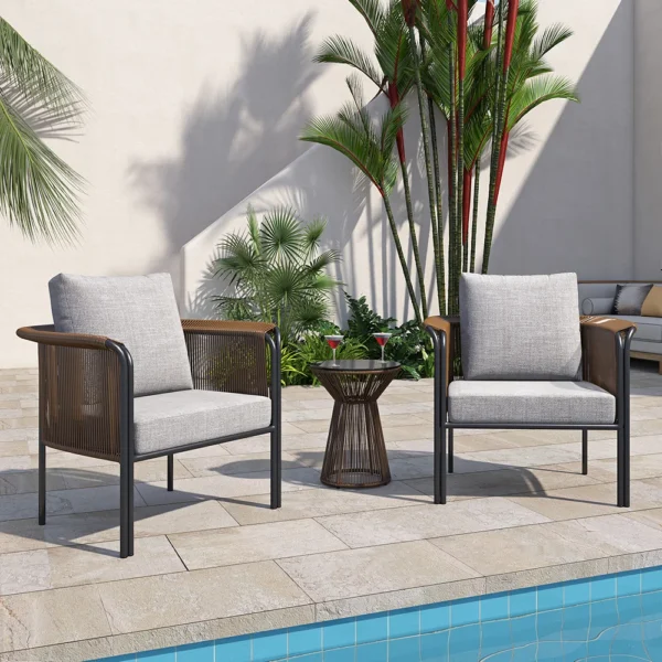 Outdoor Brown Rope 3-Piece Patio Set With Grey Cushions