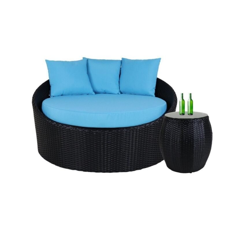 Outdoor Cushion(Sky Blue) and Wicker(Black) Daybed Set - Image 3