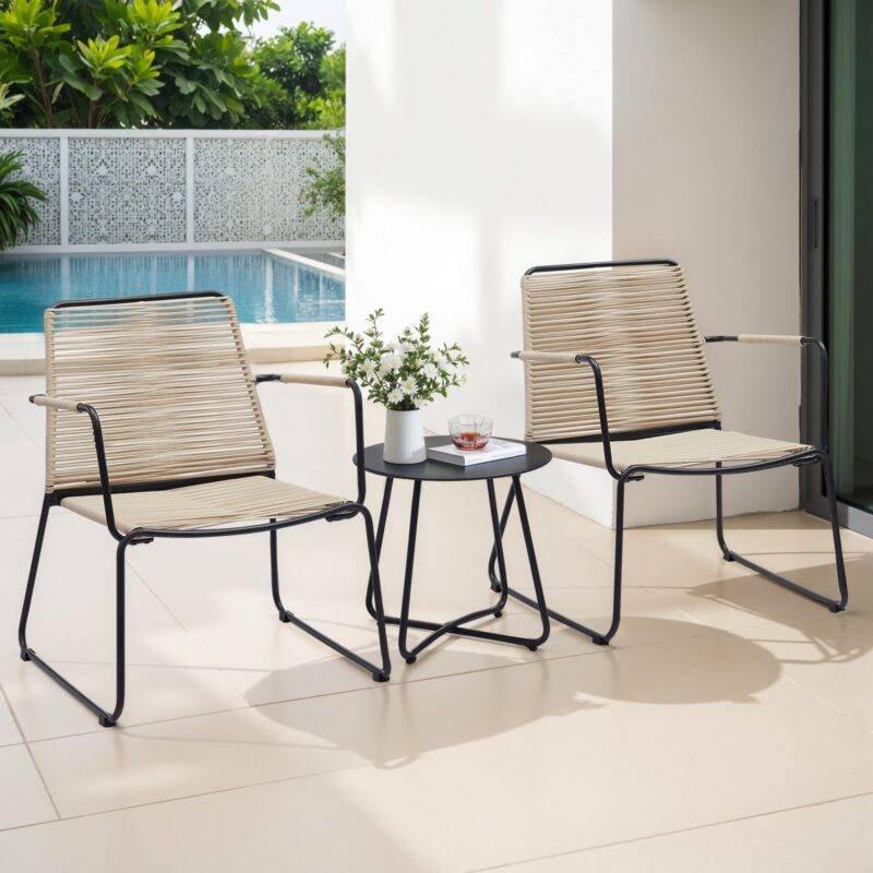 5 Piece Outdoor Patio Set with Ottoman & Side Table (Beige & Black) - Image 3