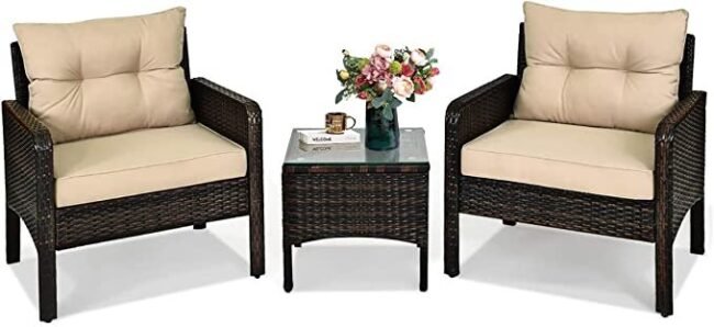 DEVOKO 3-Piece Outdoor Patio Bistro Set (Dark Brown & Cream) - Image 4