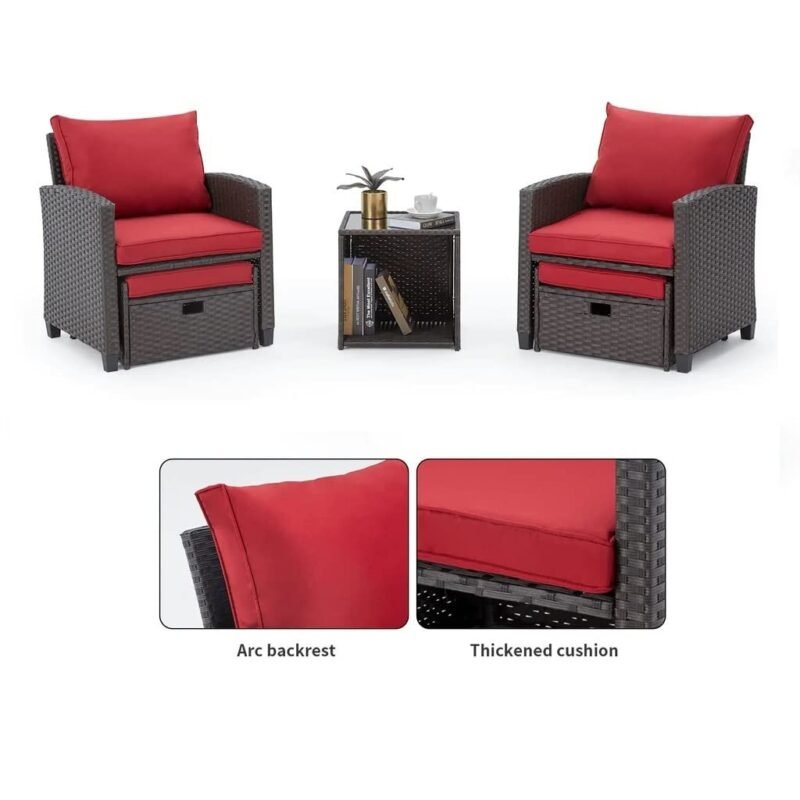 5-Piece Devoko Wicker Patio Furniture Set with Ottomans & Table (Dark Brown/Red) - Image 3