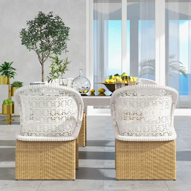 5 Pieces Outdoor Wicker Dining Set with Double Tone Armchairs (White)(Table Without Glass Top) - Image 7