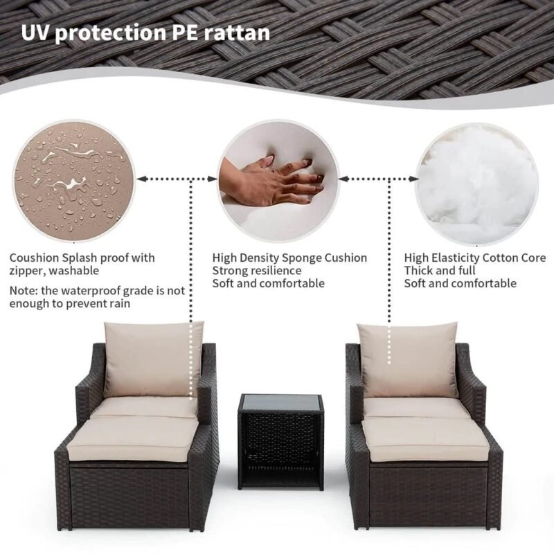 DEVOKO 5-Piece Patio Furniture Set with Cushions & Table (Dark Brown/Cream) - Image 3