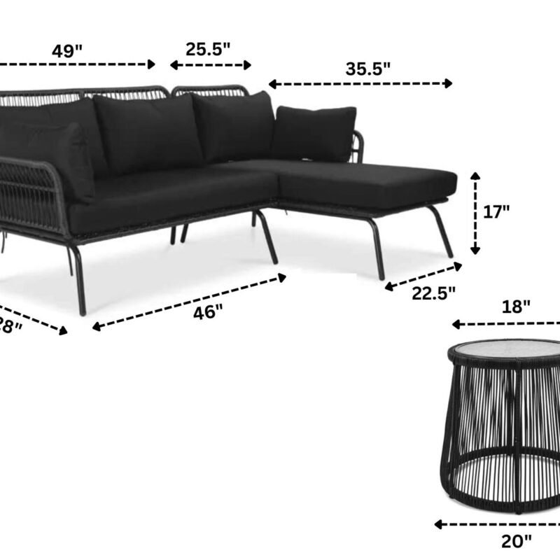 Devoko L-Shaped Patio Conversation Sofa Set with Thick Cushions & Side Table (Black) - Image 2